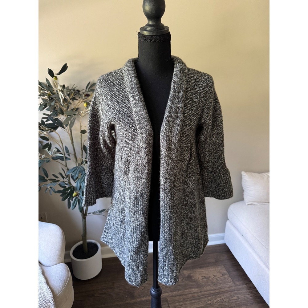 Pout Marled Grey Open Front Cardigan Sweater Shawl Collar 3/4 Sleeve Large